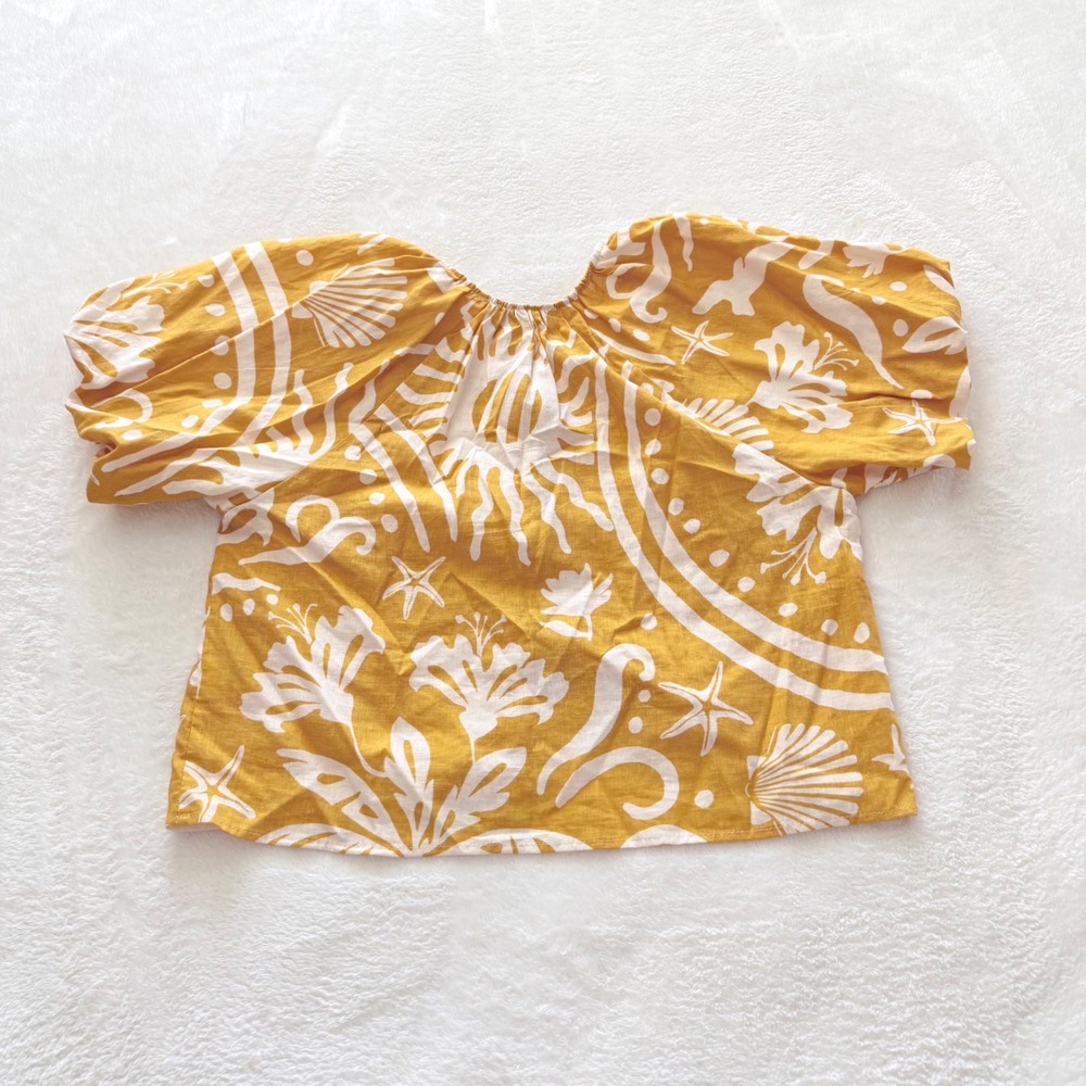 C&C California Linen Bld Tropical Tie Front Blouse Puff Sleeve Yellow Small NWT - Picture 2 of 11